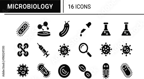 Microbiology Icon Set with Bacteria Virus Microscope Syringe Laboratory Flask Petri Dish and Scientific Research Symbols Vector Illustration Collection