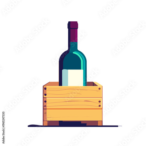 Wine Bottle in Wood Crate. Minimalist Wine Bottle in Wooden Box Vector Illustration. Wine Industry Concept Isolated Artwork With Clean Style. Vector Wine Logo design inspiration.