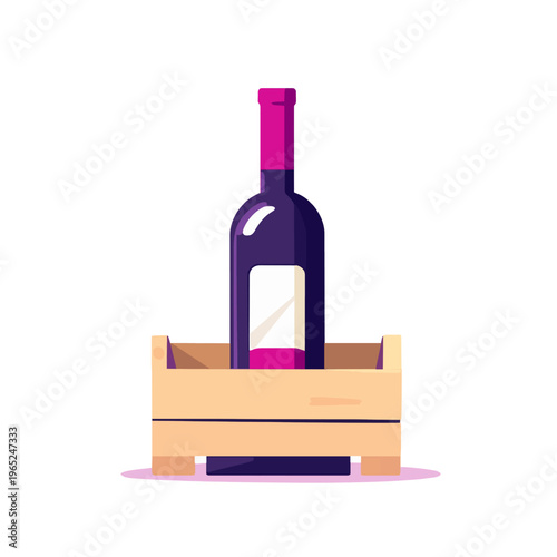 Wine Bottle In Box, Red Wine, Liquor, Alcohol. Wine Bottle in Wooden Crate, Isolated, Vector, Minimalist Illustration, Wine Bar, Restaurant, Sommelier, Modern design.