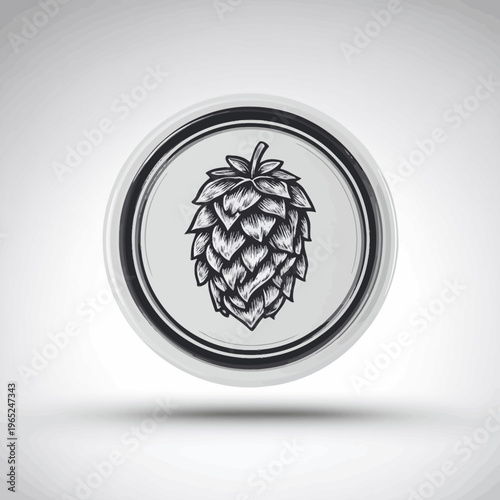 Grayscale drawing of a hop inside a button, with a black and white background