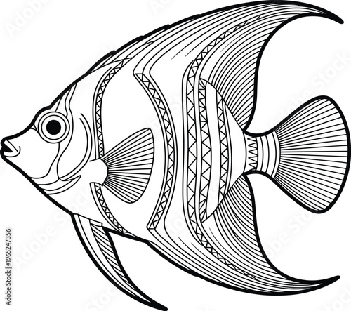 Black and white line of an angelfish with geometric patterns