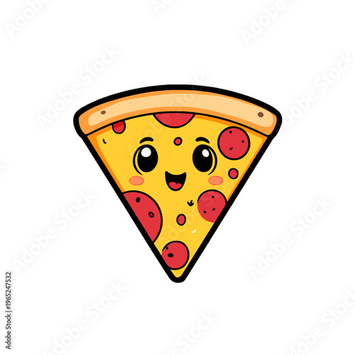 Cute Pizza Slice Cartoon Character Smiling Face. Happy Kawaii Food Illustration. Icon for Kids Menu, Fun Design Element, Mascot, Funny Pizza Lover Gift Idea.