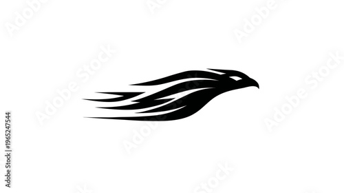 A stylized, black silhouette of an eagle's head in flight, with sweeping wing-like elements