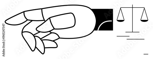 Legal systems, fairness, justice, decision-making, equality, arbitration. Line drawing of a hand pointing with scales of justice in view. Legal systems and fairness