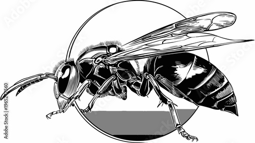 Detailed, monochrome illustration of a wasp inside a circle on white background