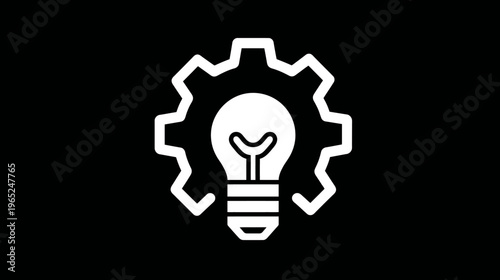 A white lightbulb within a gear on black background, symbolizing ideas and innovation
