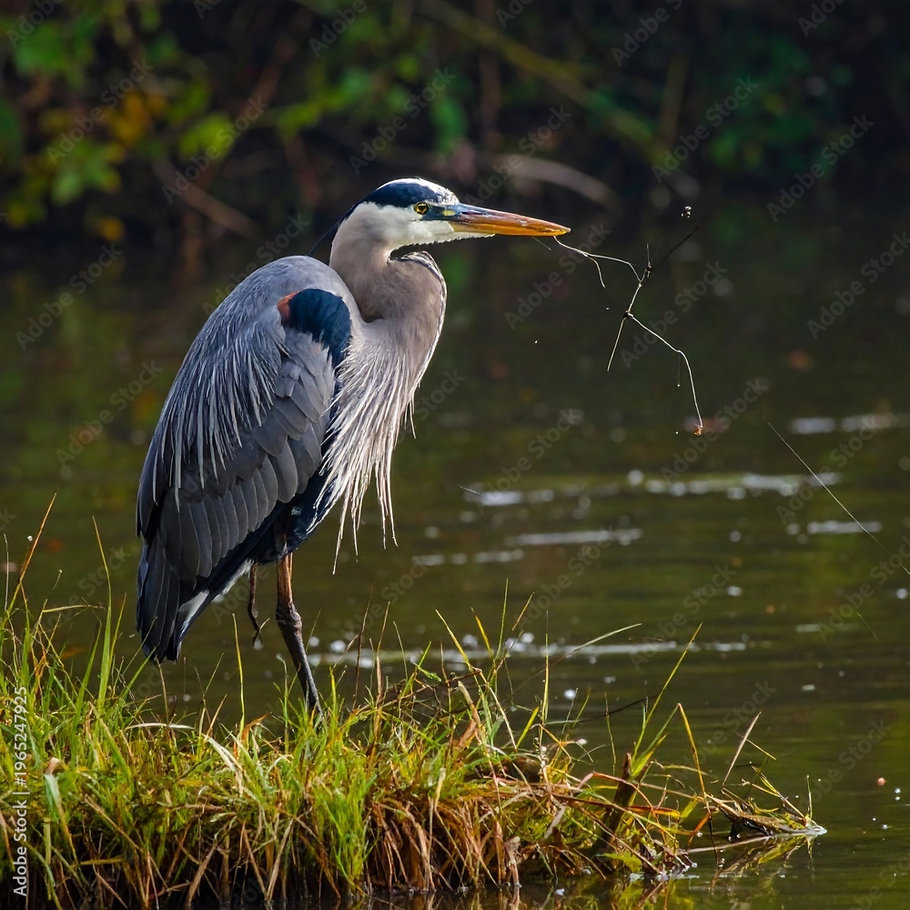 Fototapeta premium A gray heron stands on grassy riverbank