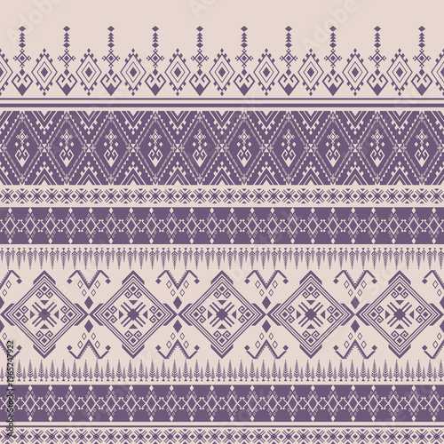 Folk ethnic geometric stripe pattern with diamond motifs in soft purple tones. Clean layered layout suitable for textile, fabric, wallpaper, and surface design collections.
