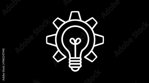 A white outline of a lightbulb is surrounded by a gear shape, all against a black background