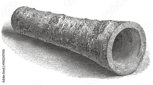 Engraved cylindrical pipe with textured surface and a hatched shadow below it