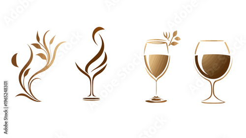 Collection of stylized wine glasses and floral elements in shades of brown and gold on white background
