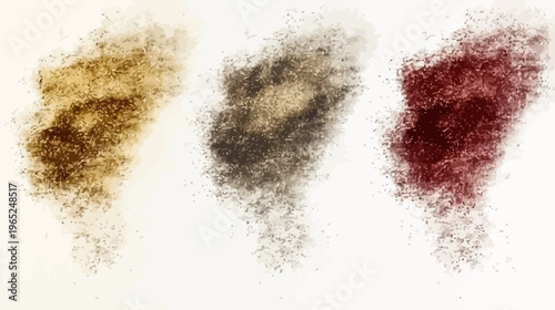 Three abstract shapes of differing textures and hues, arranged on a cream-colored background