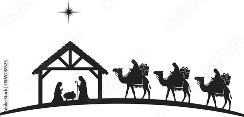 Christmas nativity scene black silhouette with holy family in stable and three wise men on camels following the star isolated on white background