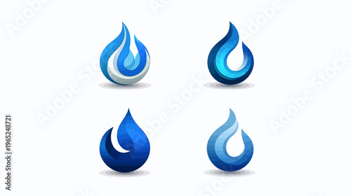 Four stylized blue teardrop designs, each with a unique gradient and shadow, set against a white background