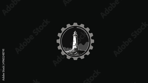 A stark, grayscale illustration of a lighthouse within a gear, set against a black backdrop