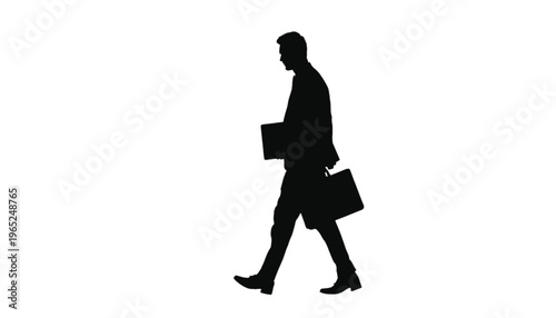 Businessman silhouette walks forward carrying a briefcase and documents against a plain white background for.