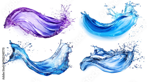 Four stylized renderings of water splashes in shades of blue and purple against a white backdrop