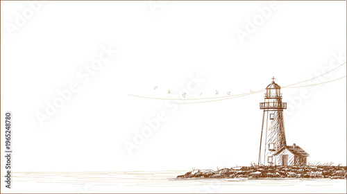 Pen and ink illustration of a lighthouse on a rocky shore with birds flying by