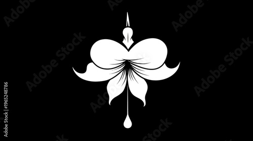 A monochrome illustration of a symmetrical flower silhouette with stylized petals and a teardrop