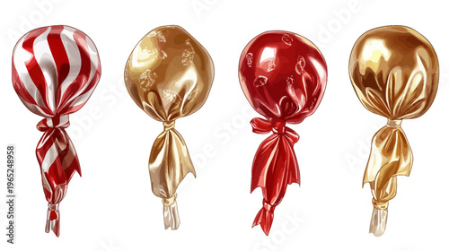 Digitally rendered image showcasing four individually wrapped, shiny, and colorful hard candies