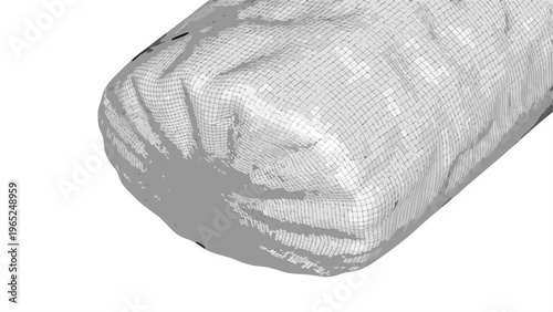 Wireframe illustration of a cylindrical mesh object on a white background showcasing a 3d digital rendering with a metallic texture and a rounded edge