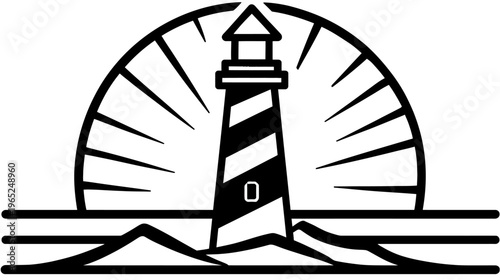 A stark black and white illustration of a lighthouse with a striped tower, and radiant sun