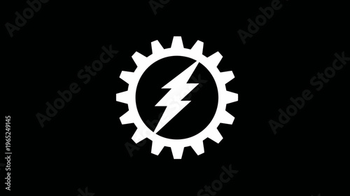 A white lightning bolt within a white circle inside a gear on a black background