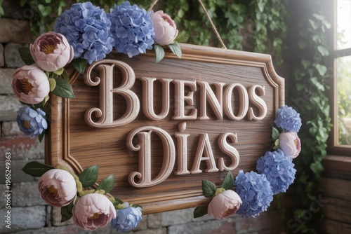Wooden buenos dias sign with flowers hanging in rustic interior warm morning greeting decor