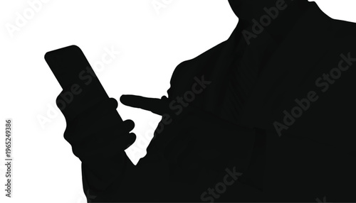 Silhouette of a person actively interacting with a modern smartphone screen against a white background.