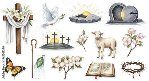 Christian Easter Sticker Set Cross Empty Tomb Dove Lamb Crown of Thorns Floral Symbols Illustration