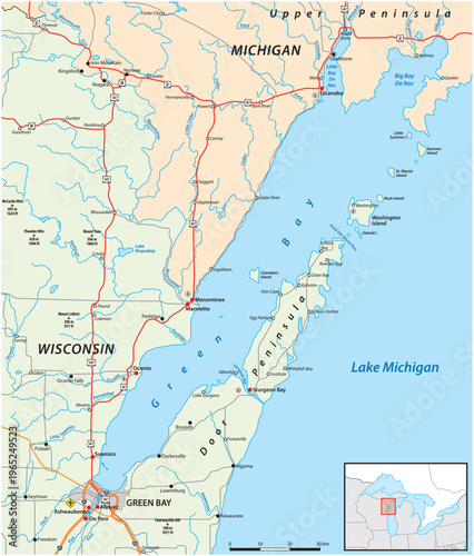 Map of Green Bay in Lake Michigan, Wisconsin, Michigan, USA