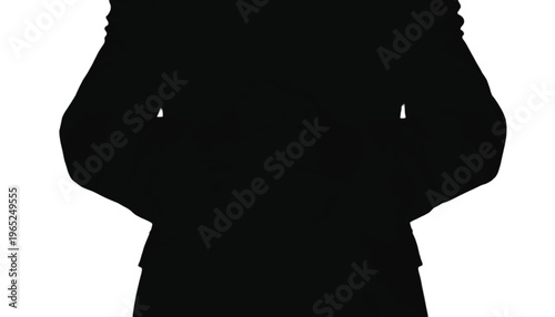 Front view silhouette of a person wearing a jacket standing rigidly with arms positioned downwards formally.