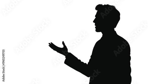 Side profile silhouette of a businessman gesturing openly with one hand toward the viewer in a presentation.