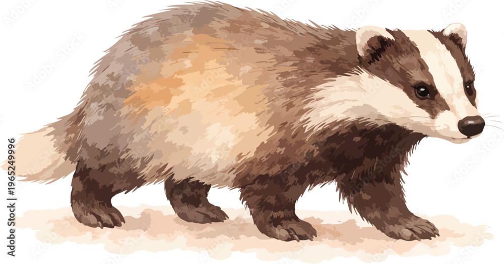 Fototapeta premium A pixelated badger walking on the ground watercolor illustration