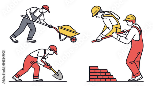 Flat vector images of construction sites. Tools, equipment, materials, workers. Vector for design, advertising of construction companies, and presentations.