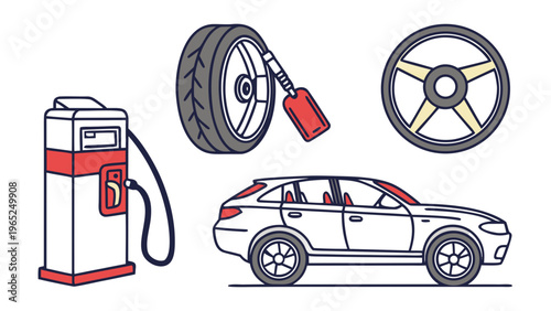 A set of  vector illustrations on auto themes. Cars, spare parts, repairs, gas stations. Vector for design, advertising of car service stations, transport logistics.