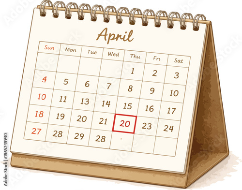A calendar with a red mark on april watercolor illustration