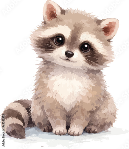 A cute pixel art raccoon sitting on the ground watercolor illustration