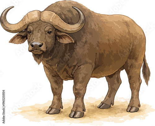 A large brown buffalo standing on dirt watercolor illustration