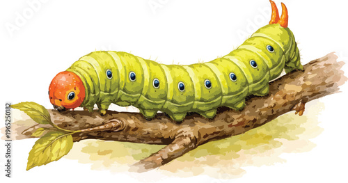 A green caterpillar with orange head and tail on a branch watercolor illustration