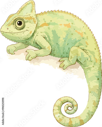 A green chameleon with a curled tail and big eye watercolor illustration