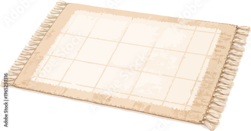 A beige woven rug with a grid pattern and fringe watercolor illustration