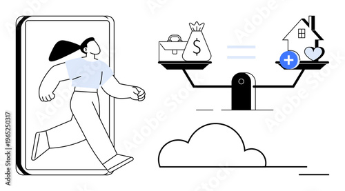 Financial balance concept. Visual of balancing money and life priorities with technology. Financial balance for personal values, mobile finance, cloud services, and decision-making strategies