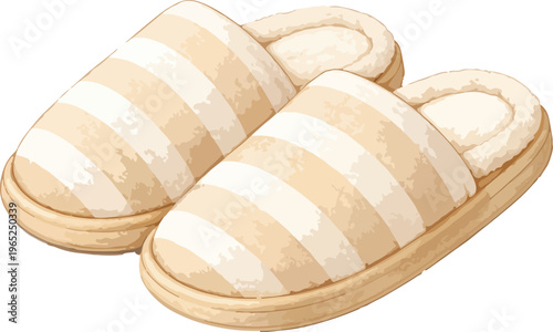 A pair of beige and white striped slippers watercolor illustration