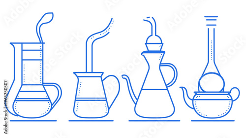 Four stylized kitchen vessels, outlined in blue, including a pitcher, pot, oil cruet, and a teapot