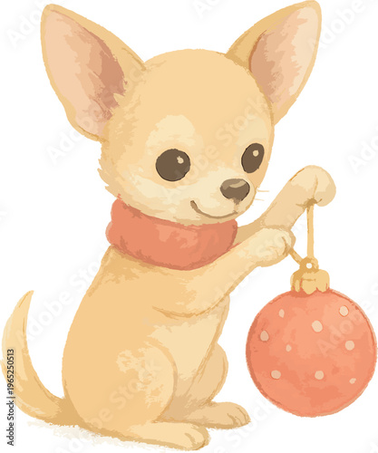 A small tan chihuahua holding a christmas ornament watercolor illustration
