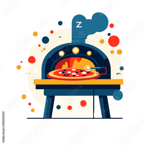 Pizza Oven Vector Illustration - Baking Fresh Pizza with Peel Tool, Flat Design Style, Restaurant Menu, Italian Cuisine, Pizzeria Concept, Fast Food Icon, Culinary Art, Warm Colors, Modern Graphic