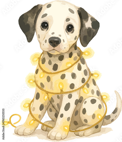 A dalmatian puppy with a string of lights watercolor illustration
