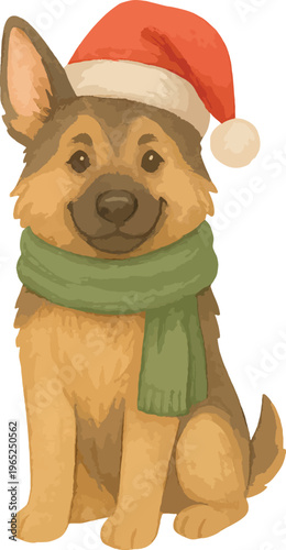 A german shepherd dog wearing a santa hat and green scarf watercolor illustration