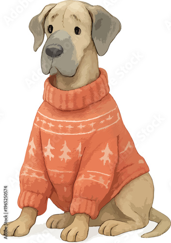 A dog wearing an orange sweater watercolor illustration